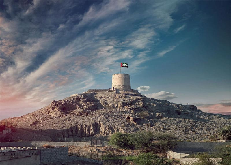 Historic Emirati village with stone houses and watchtowers in Hatta